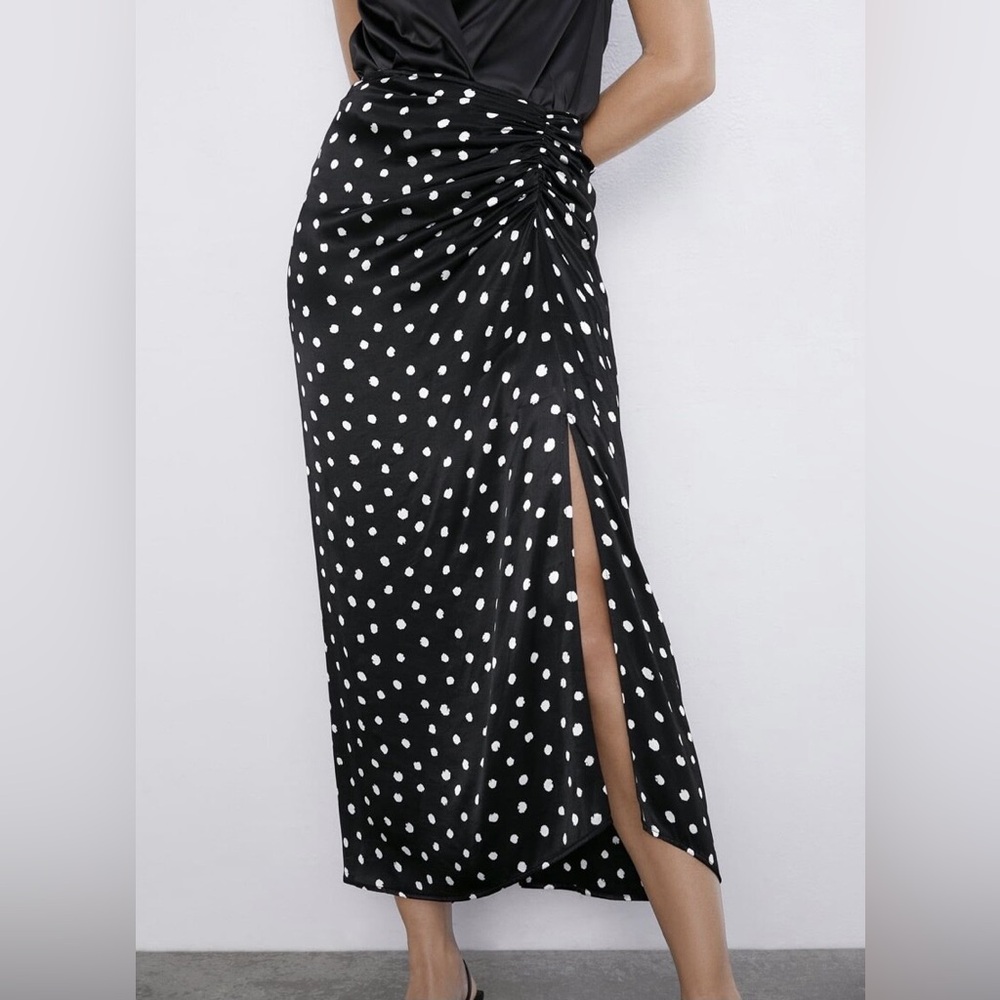 Zara Black and White Polka Dot Side-Slit Maxi Skirt
